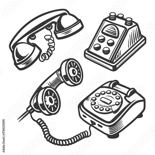 Four vintage telephones and handset icons retro communication