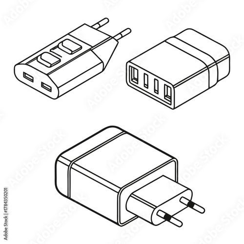 Three isometric outline icons of phone chargers illustration