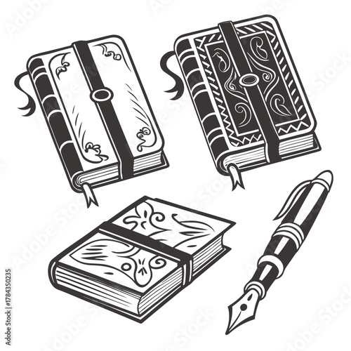 Three vintage style notebooks and a fountain pen writing