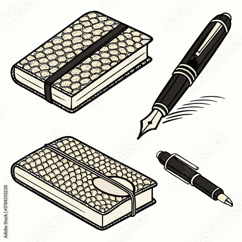 Two beige notebooks and two black pens writing stationery