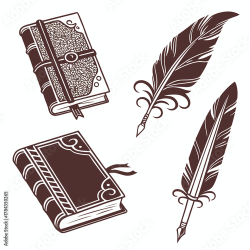 Two vintage books and two quill pens brown on white