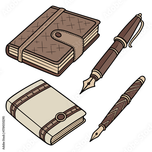 Two vintage notebooks and two fountain pens writing