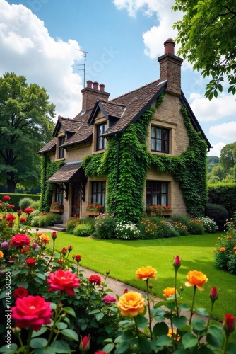 Stone Cottage Garden A charming stone cottage in the countryside, covered in ivy and blooming climbing roses. A vibrant, sun drenched garden with colorful flowers is in front of the cottage. No people