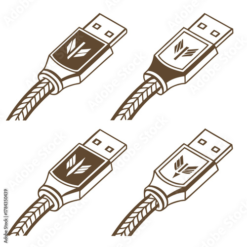 Four brown U S B cable icons with metallic finish usb cable