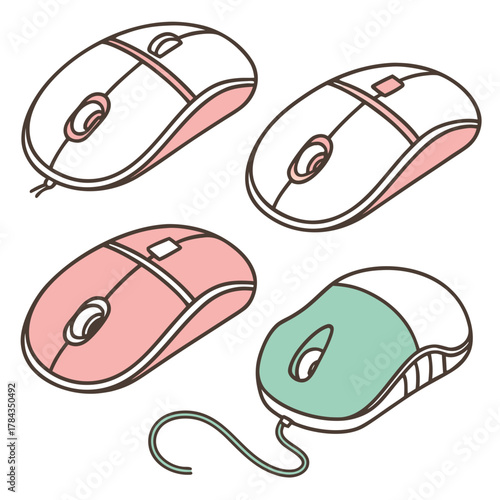 Four computer mice in pastel colors with dark outlines