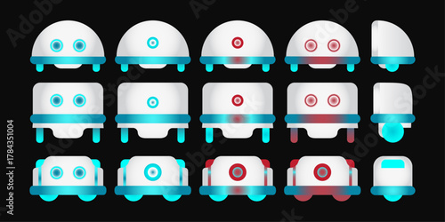 Flat robot assistant vector illustration in tech theme. Cute AI robot character set. Genious artificial intelligence.
