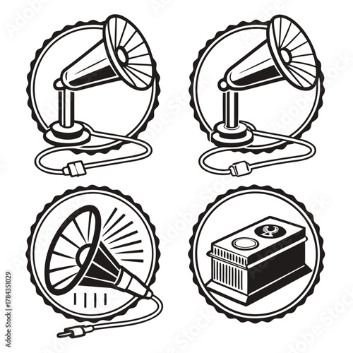 Four vintage audio icons gramophone speaker and amplifier