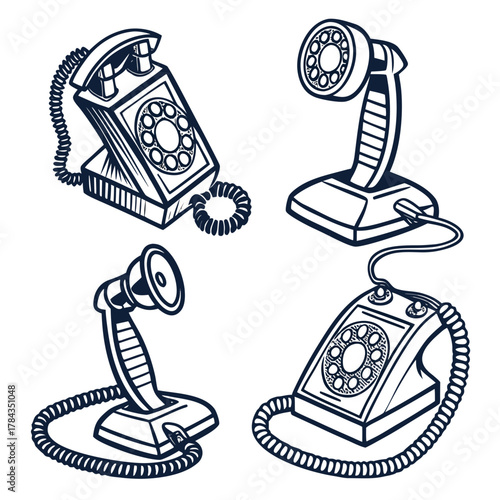 Four vintage rotary dial telephones in dark blue line art