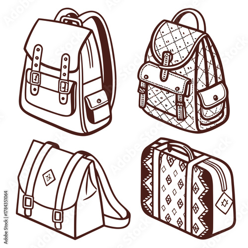 Four vintage style school bags and luggage icons backpack