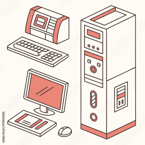 Isometric computer components in coral and cream desktop