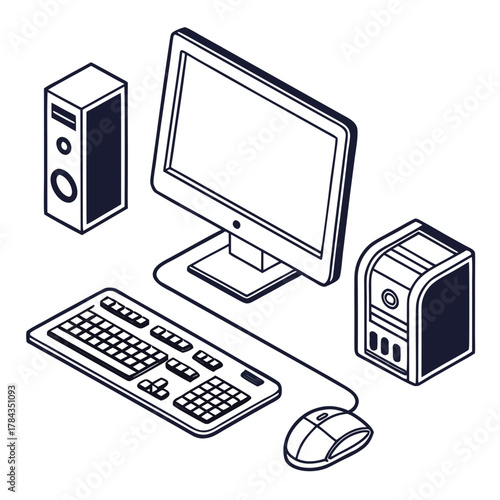 Isometric computer desktop set with keyboard mouse and tower