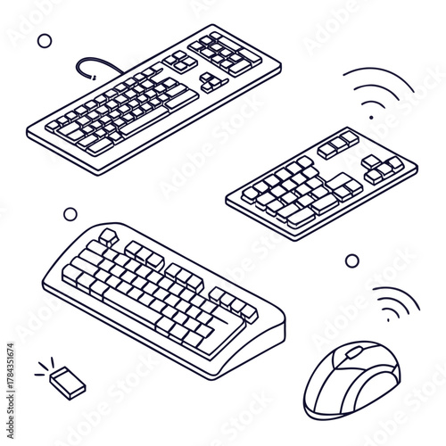 Four isometric line art keyboard and mouse icons computer
