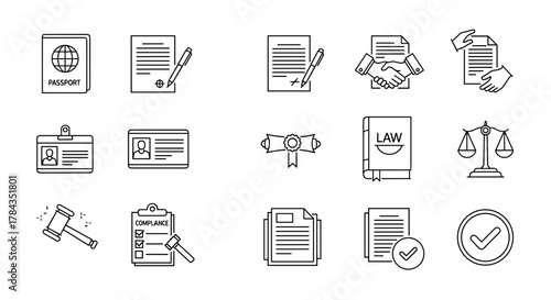 Line style legal document icons set, editable stroke linear icon collection of passport, contract, agreement, ID card, certificate, license, law book, scales of justice, gavel, compliance checklist