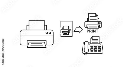 Vector illustration depicting a simplified workflow of printing and faxing documents, showcasing a printer icon, a print symbol with an arrow, and a fax machine icon, all rendered in a clean, modern