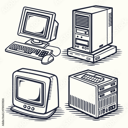 Four vintage computer icons retro C R T and tower designs