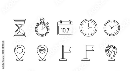 Collection of line art icons representing time, date, and location, featuring an hourglass, stopwatch, calendar with date 10.7, multiple clocks, GPS pin, flag marker, and a globe, all in a clean