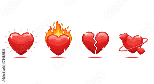 Set of four vibrant 3D emoji heart icons: a sparkling heart, a heart on fire, a broken heart, and two hearts orbiting each other, all rendered in a cartoon style with a white background, perfect for