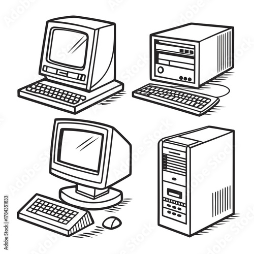 Four vintage computer icons retro C R T and tower units