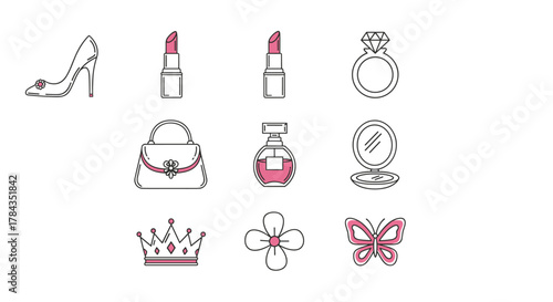 Chic Feminine Icon Set: A Collection of Elegant Vector Illustrations Featuring a High Heel Shoe, Lipsticks, Diamond Ring, Handbag, Perfume Bottle, Compact Mirror, Crown, Flower, and Butterfly on a