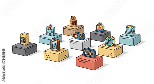 A vibrant and clean vector cartoon illustration showcasing a collection of diverse products displayed on individual podiums against a crisp white background, creating an ordered set for presentation