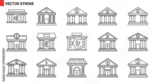 Collection of bank building outline icons, editable stroke, perfect for infographics, articles, books, flyers, banners, vector cartoon illustration with dollar and euro symbols, representing