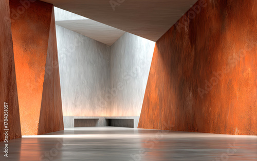 Modern architectural hallway featuring angular walls and natural light in a contemporary space