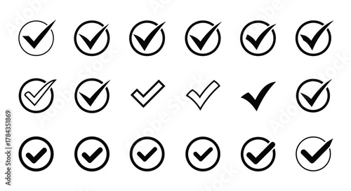 Collection of black check mark icons isolated on a clean white background, featuring various styles including circled and simple tick symbols, representing approval, confirmation, and completion in a