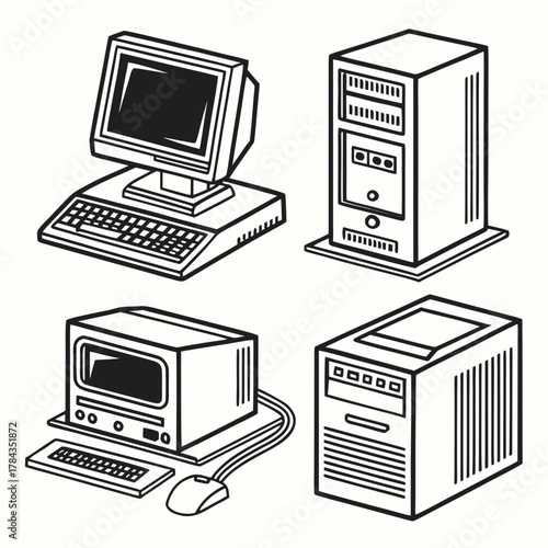 Four vintage computer icons with C R T monitors and towers 1