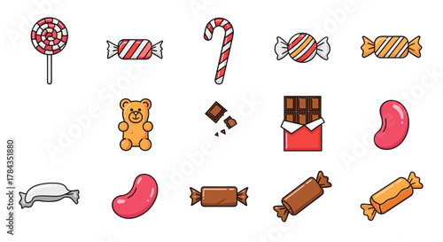 Collection of colorful candy illustrations, including lollipops, wrapped candies, gummy bears, chocolate bars, and jelly beans, perfect for infographics, articles, books, flyers, and banners