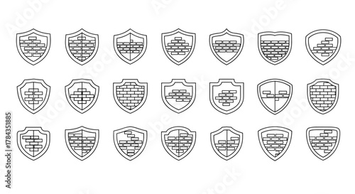 Collection of shield pictograms featuring brick wall patterns, presented in a clean, thin-line vector cartoon style on a white background. This ordered set offers diverse shield designs, perfect for