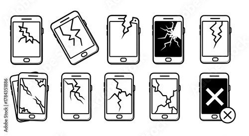 Collection of outline icons representing broken smartphones with cracked screens, symbolizing damage, repair, and malfunction. Includes various crack patterns and a phone with a cross symbol, perfect