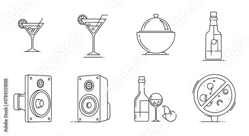 Collection of simple line art illustrations featuring a cocktail with lime and olives, a martini glass with a garnish, a cloche-covered bowl, a bottle, a wine bottle with a glass and grapes, two