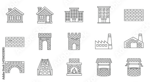 Collection of brick building line icons, including houses, apartments, factories, bridges, wells, and fireplaces, perfect for graphic and web design, apps, adverts, and various cards, presented as a