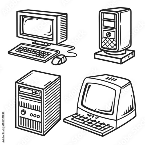 Four vintage computer icons retro desktop and tower