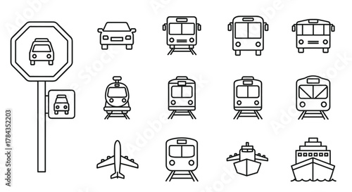 Collection of black line art transportation icons including a stop station sign, car, bus, tram, train, metro, airplane, and ship, representing various modes of public and private transport for