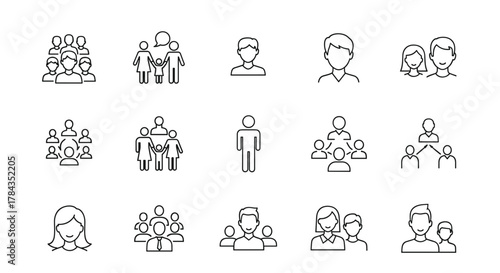 Diverse set of people icons in a clean line art style, showcasing group dynamics, family units, individual characters, team formations, community representation, friendships, and various human