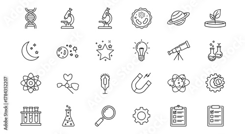 A collection of science-themed line icons, featuring elements of biology, astronomy, physics, laboratory equipment, and research tools, presented on a clean white background for versatile design