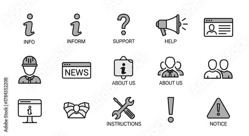 A comprehensive set of vector icons representing essential information and communication elements, including icons for info, help, support, news, about us, instructions, and notices, presented in a