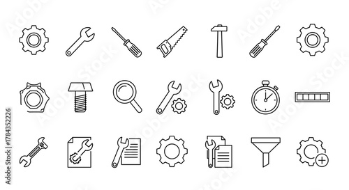 A comprehensive collection of thin outline vector icons representing various tools, settings, and operational processes, including gears, wrenches, screwdrivers, a saw, hammer, bolt, nut, magnifying