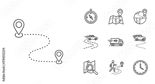 Vector set of route optimization line icons, including route icons between two points with dotted paths and location pins, route location icons, ordered line icons, compass, map, globe with route