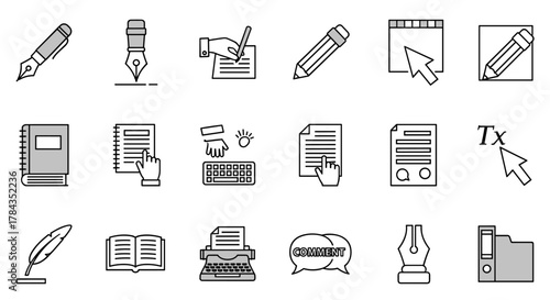 A comprehensive collection of writing and editing icons, featuring fountain pens, pencils, typewriters, books, documents, keyboards, and cursors, perfect for representing concepts like creativity