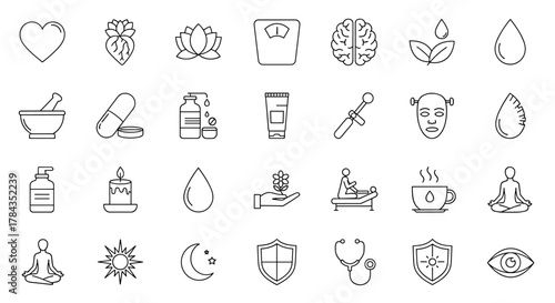 Set of clean, modern line icons representing wellness, wellbeing, mental health, healthcare, cosmetics, spa, and medical concepts. This editable stroke vector collection features symbols like a