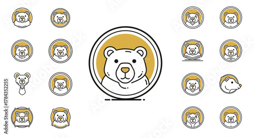 Collection of stylized line art bear logos and icons, featuring a central golden circle badge with a friendly bear face, surrounded by various circular and framed bear emblems, perfect for branding