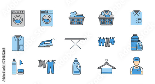Set of clean and modern vector illustrations representing laundry services, including washing machines, laundry baskets, irons, ironing boards, clothes on a line, detergent bottles, hangers, and a
