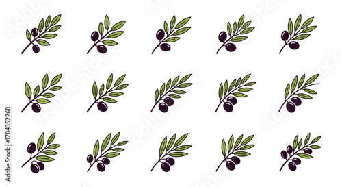 A collection of 15 simple, hand-drawn vector illustrations of olive branches with dark olives and green leaves, presented in a clean, ordered grid on a white background, perfect for food, health, or