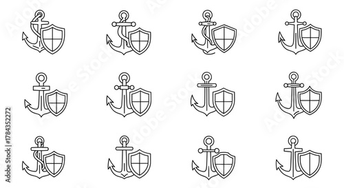 Set of twelve minimalistic thin outline icons featuring anchors and shields, presented in a vector cartoon illustration style, ideal for web design, graphic design, app development, banners, social