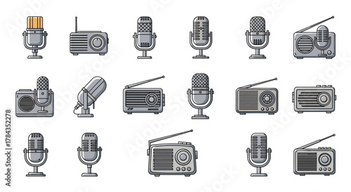Collection of vintage microphones and radios, perfect for podcast logos, music, and broadcasting themes. This vector cartoon illustration features an ordered set of retro audio equipment on a clean