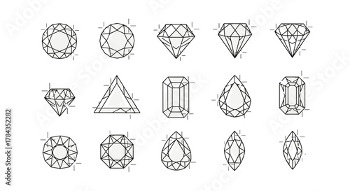 Collection of various diamond cuts and shapes, including round brilliant, princess, emerald, pear, marquise, and Asscher cuts, presented as clean line art icons with sparkling highlights on a white
