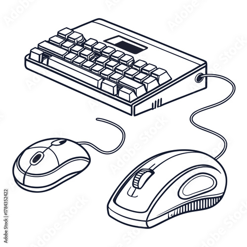 Vintage computer keyboard and two wired mice mouse