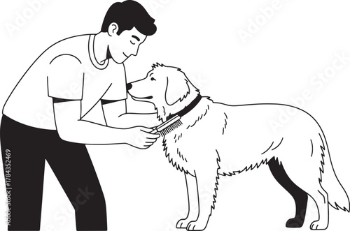 Man grooming his golden retriever dog with care